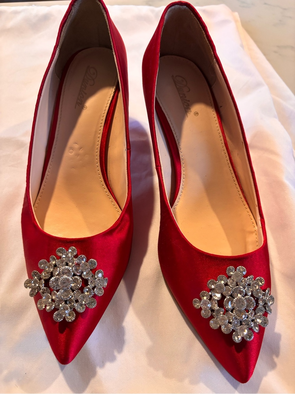 Red Satin Pointed-Toe Flats with Crystal Brooch Accent